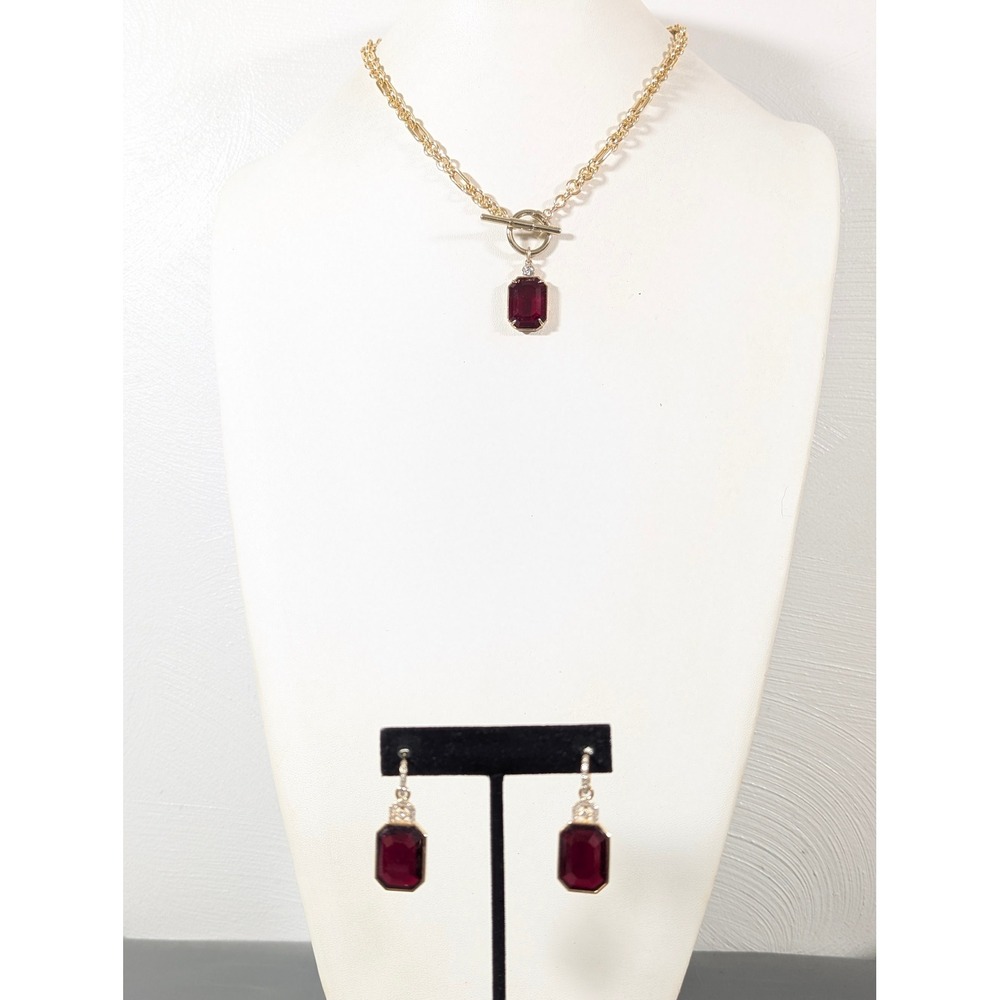 Lauren Ralph Lauren Red Rhinestone Necklace Earrings Set Gold Tone 17 Inch